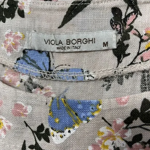 Viola Borghi Women's Top Tan w/ Floral Print Linen Size Med - Picture 4 of 6